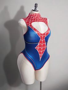 SHEIN ICON Women's Plus Size Spider Pattern Mock Neck Cutout Bodysuit - Multicolor - View 5