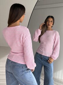 Aloruh Young Women's Autumn/Winter White Textured Boat Neck Petal Sleeve Long Sleeve Loose Top Tight Bottom T-Shirt, Versatile For Layering Travel Casual - Baby Pink - View 7