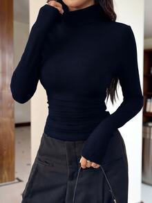 SHEIN EZwear Encore 酒紅色針織高領修身長袖 T-shirt 女款 高領上衣 休閒居家上班外出秋季休閒款 - 藏蓝色 - 查看 6