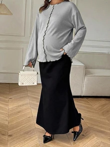 Dazy Maternity Contrast Color Ruffle Wave Hem Loose Long Sleeve Bell Sleeve Casual Vacation Korean Style Spring Autumn Maternity T-Shirt - Grey - View 7