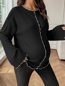 Dazy Maternity Contrast Color Ruffle Wave Hem Loose Long Sleeve Bell Sleeve Casual Vacation Korean Style Spring Autumn Maternity T-Shirt - Black - View 6