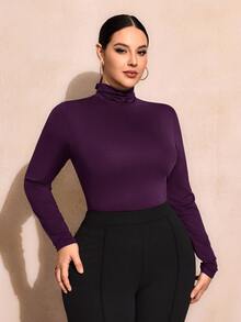 SHEIN SXY 大尺碼純色修身高領長袖百搭T恤 基本款秋季辦公休閒黑色常規休閒上衣 - 紫色 - 查看 9