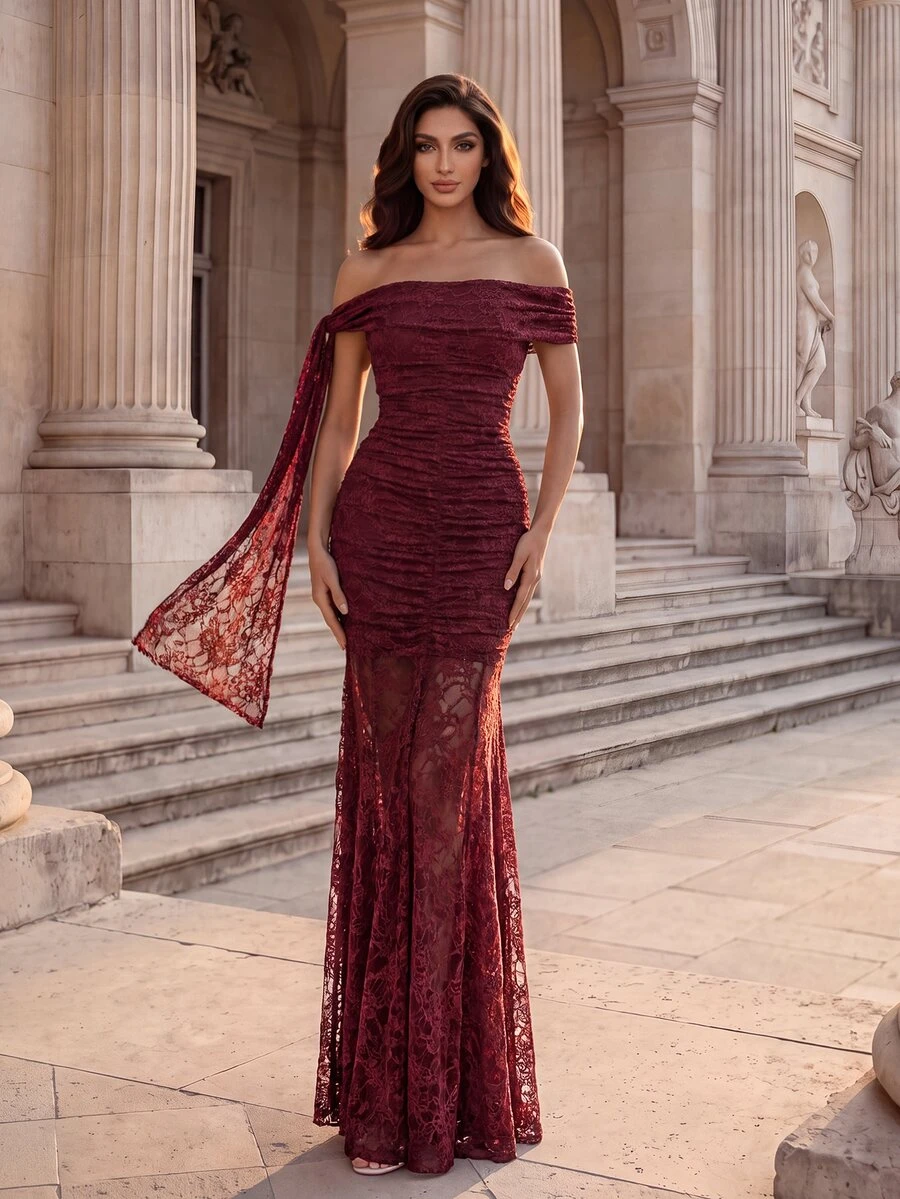 Coutiva Women's Off-Shoulder Ribbon Design Pleated Lace Elegant Romantic Formal Prom Birthday Dinner Evening Gown (Heavy Workmanship) Burgundy Fall - Burgundy - View 1