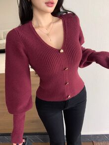Modelyn Sweater Lengan Panjang Kasual Wanita Warna Polos untuk Sehari-hari - Burgundy - View 5