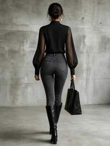 LUMIGAL Women's Small Stand Collar With Frog Button Decoration + Black Chiffon Patchwork Long Sleeve Blouse - Black - View 2