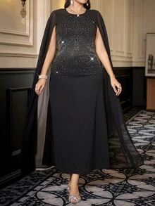 Reflora Plus Size Autumn/Winter Rhinestone Shawl Collar Party Evening Dress Long Party Dress Luxury Evening Birthday Glitter Dress Fall - Black - View 5