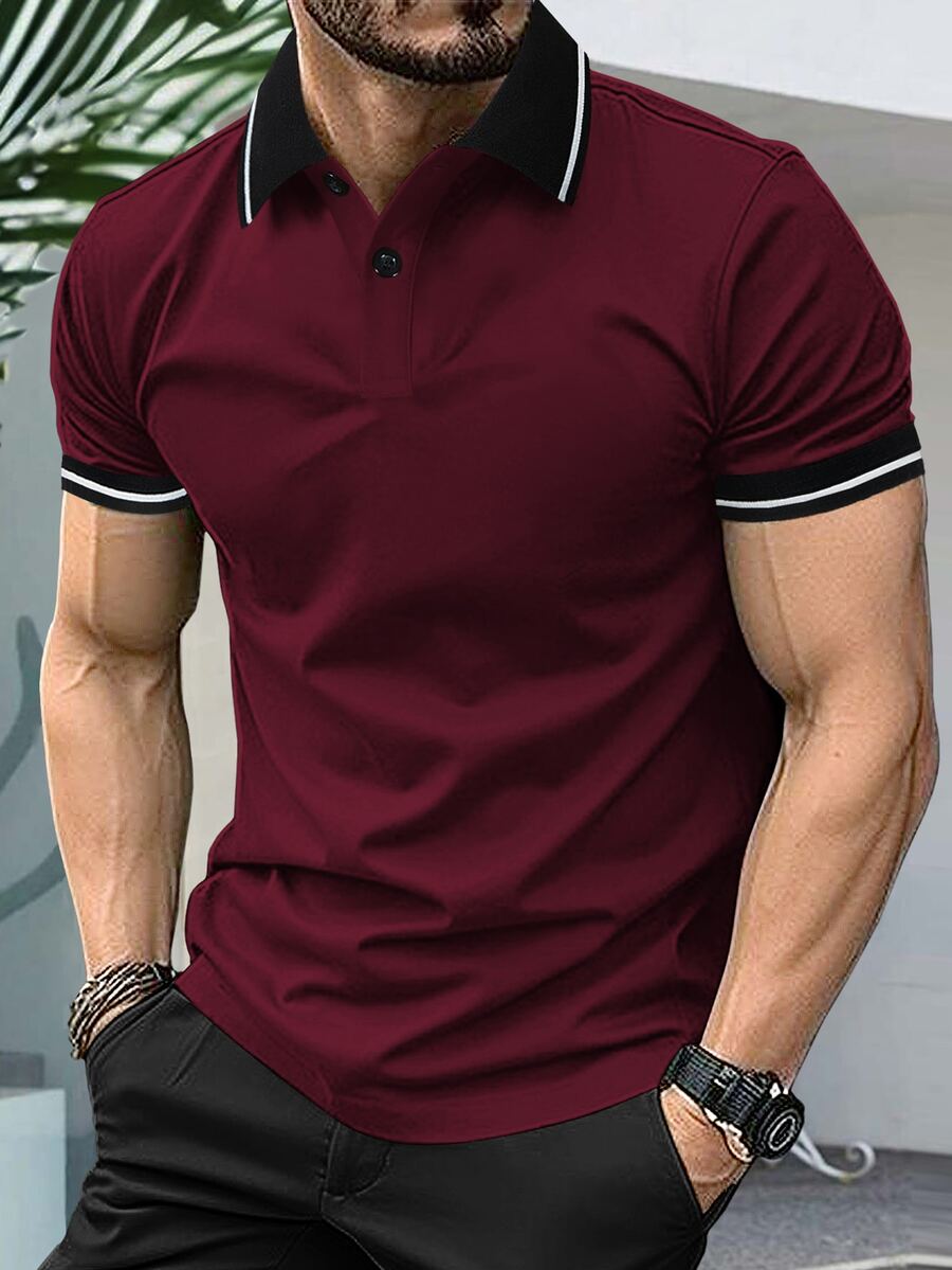 Manfinity Homme قميص بولو رجالي مقاس كبير مخطط بأكمام قصيرة كاجوال للتنقل اليومي وقميص جولف بطباعة مزدوجة الجانب، رسمي - عنابي اللون - مشاهدة 1