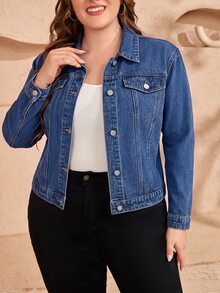 EMERY ROSE Plus Size Street Style Button Long Sleeve Fashion Denim Jacket - Light Wash - View 1