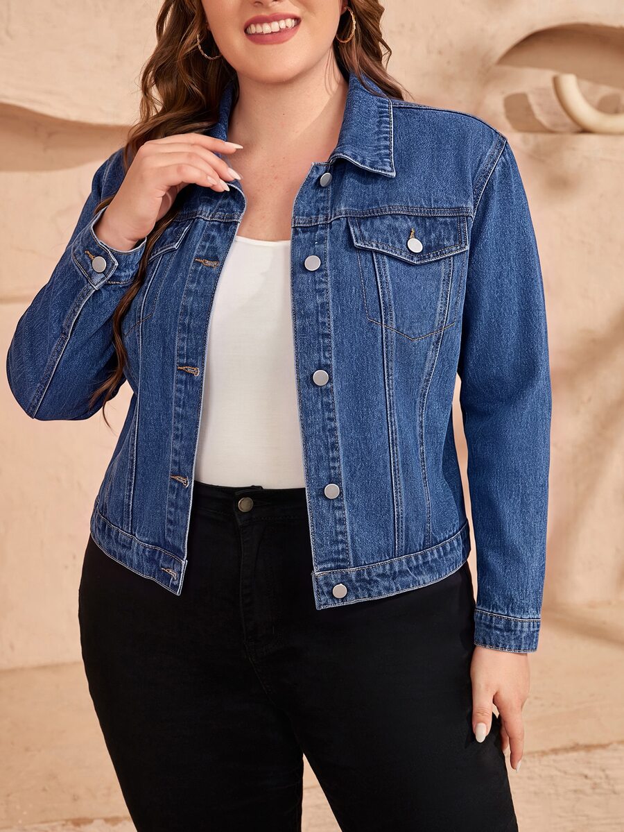 EMERY ROSE Plus Size Street Style Button Long Sleeve Fashion Denim Jacket - Light Wash - View 1