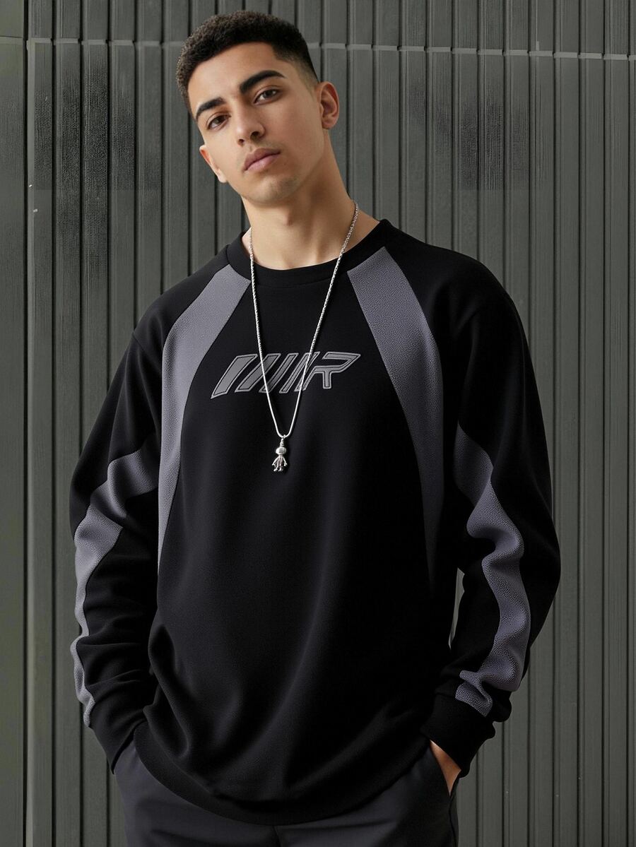 SHEIN 兒童青少年男孩休閒運動圖案黑色運動衫外套，Y2K上衣，適合秋冬、學校、家庭聚會、度假、派對，秋季穿搭，冬季穿搭 - 彩色 - 查看 1
