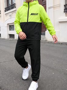 2件組青少年男孩休閒運動圖案拼色連帽外套與長褲套裝，適合通勤、上學、日常休閒、度假、旅行、運動，秋冬適用 - 彩色 - 查看 1