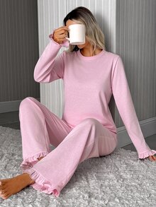 SHEIN طقم بيجامة نسائي قطعتين بلون وردي سادة، ملابس علوية بأكمام طويلة وأساور مكشكشة وبنطلون بقصة مستقيمة، ناعم ومريح وكاجوال - وردي مغبر - مشاهدة 3