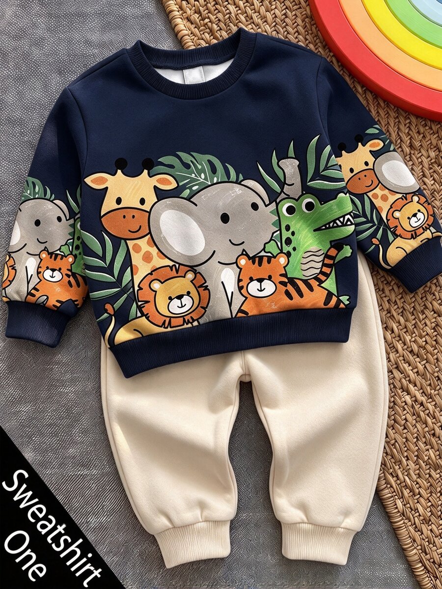 男嬰圓領休閒套頭長袖衛衣,加厚抓絨內裡,經典可愛動物園圖案印花,經典卡通長頸鹿、大象、獅子、老虎、鱷魚、小馬、熊手繪圖像圖案印花,適合秋冬 - 彩色 - 查看 1