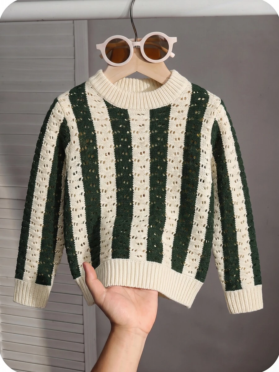 Young Boy Striped Crew Neck Long Sleeve Hollow Out Casual Sweater - Multicolor - View 1