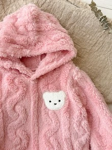 Cozy Pixies 女嬰休閒日常舒適卡通熊圖案拼接連帽抓絨套頭長袖運動衫，街頭復古風，寬鬆舒適，兒童秋冬疊穿，運動休閒外出運動衫 - 粉色 - 查看 4