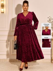 BrightlyHer Plus Size Women V-Neck Pleated Casual Daily Summer Dress - Burgundy - View 1