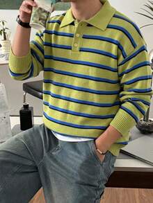 DAZY 秋冬橄欖綠與皇家藍條紋 Polo 領男士毛衣 - 綠色 - 查看 8