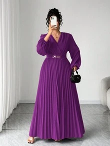 Elenzga 大尺碼女款優雅玫瑰金冬季婚禮賓客禮服，金屬扣褶皺腰部V領，襯衫領與袖口設計，適合舞會派對秋季 - Purple Wisdom - 查看 3