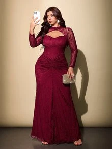 Viva Relle Plus Size Red Lace Hollow Out Stand Collar Long Sleeve Ruched Fitted Mermaid Evening Gown - Red - View 5