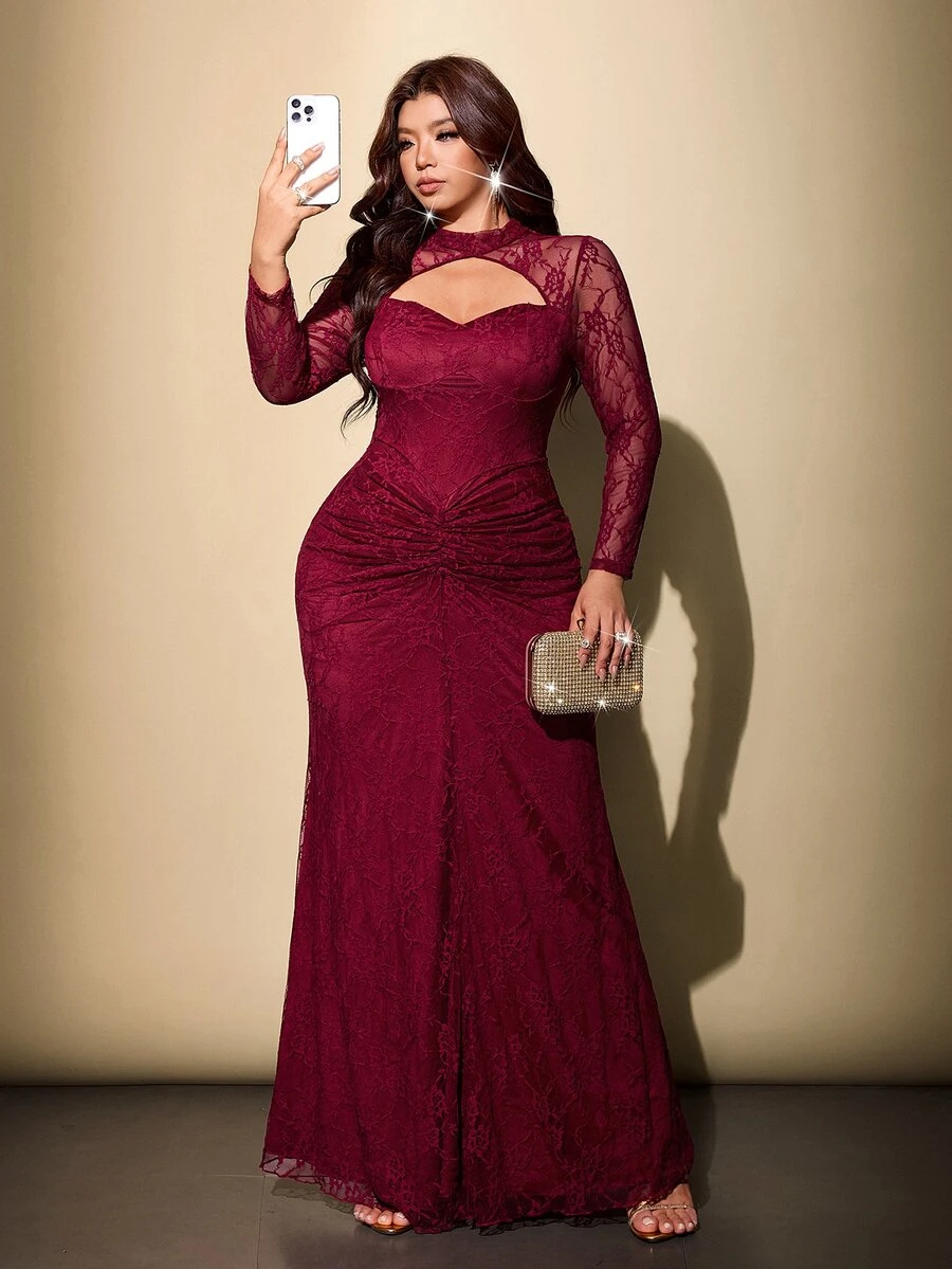 Viva Relle Plus Size Red Lace Hollow Out Stand Collar Long Sleeve Ruched Fitted Mermaid Evening Gown - Red - View 1