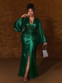 Maweii Plus Size Women's Metallic Texture V-Neck Bell Sleeve Slit Hem Elegant Fitted Long Dress - Green - View 1
