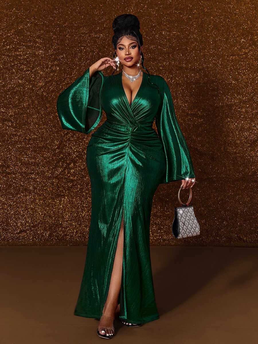 Maweii Plus Size Women's Metallic Texture V-Neck Bell Sleeve Slit Hem Elegant Fitted Long Dress - Green - View 1