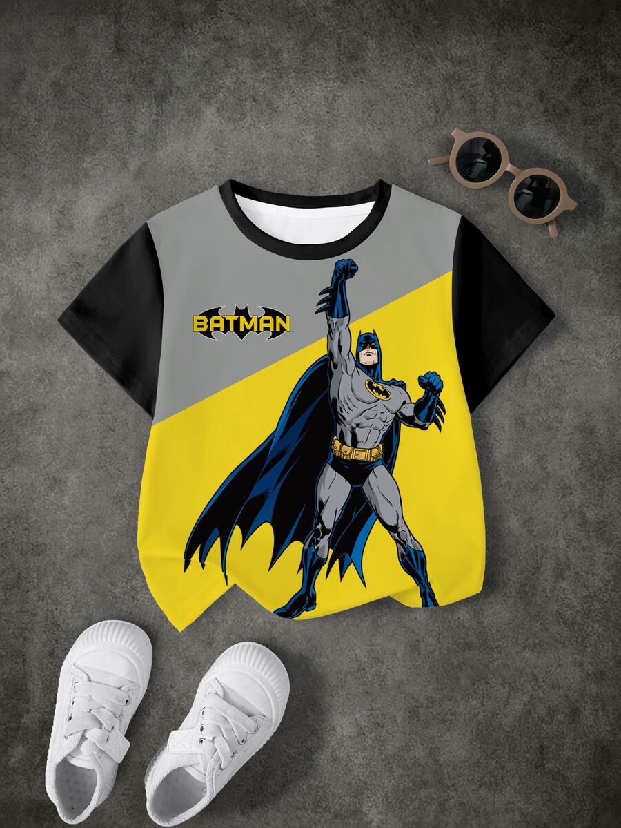 BATMAN X SHEIN Young Boy Letter Cartoon Print Casual Daily Short Sleeve T-Shirt - White - View 1