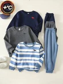 SHEIN 6件組兒童小男孩秋冬休閒運動衫與長褲套裝，運動衫套裝，男孩套裝，秋冬套裝，運動套裝，基礎多件套裝，條紋套裝 - 彩色 - 查看 1