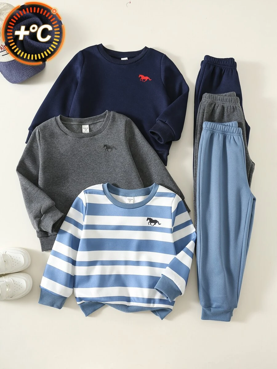 SHEIN 6件組兒童小男孩秋冬休閒運動衫與長褲套裝,運動衫套裝,男孩套裝,秋冬套裝,運動套裝,基礎多件套裝,條紋套裝 - 彩色 - 查看 1