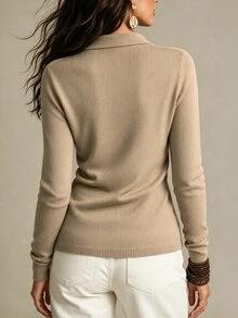 SHEIN 初秋女款修身腰交叉裹領長袖針織套頭毛衣 - 駝色 - 查看 3