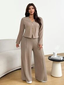 Shapeblank Plus Size Solid Color Single-Breasted Long Sleeve Top And Pants Casual Daily 2 Pieces Set - Khaki - View 3