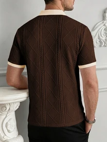 Calvornis 男士短袖 Polo 衫，提花針織鈕扣領，復古圖案商務休閒夏季高爾夫 Polo 衫，時尚休閒通勤日常穿著，正式 - 咖啡棕 - 查看 2