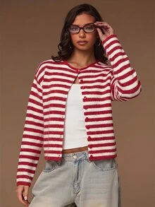 Athîral Women's Striped Casual Daily Outing Cardigan - Red and White - View 1