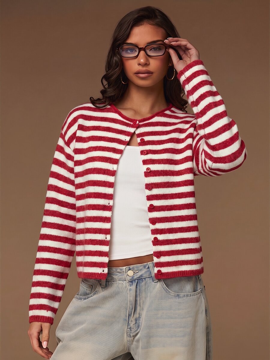 Athîral Women's Striped Casual Daily Outing Cardigan - Red and White - View 1