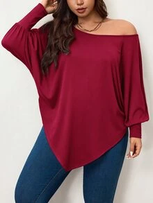 Enliva Plus Size Women's Burgundy Autumn Smart Casual Batwing Sleeve Asymmetrical Hem Loose T-Shirt,Everyday Solid Color Top Compatible With Apple & Rounded Fall - Burgundy - View 3