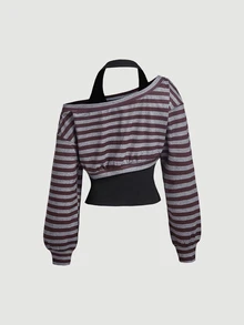 SHEIN MOD Women's Streetwear Striped Colorblock 2 In 1 Sweatshirt - Burgundy - View 2