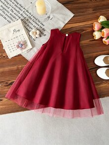 SHEIN Vintaside Kids 女嬰甜美夢幻粉色網紗洋裝，飾有可愛3D蝴蝶結裝飾，適合外出、度假與拍照 - 酒紅色 - 查看 2
