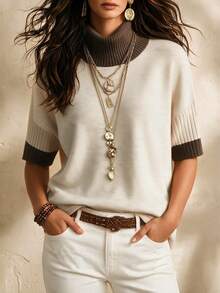 SHEIN New Spring Fall Sophisticated Turtleneck Knit Top Women Ribbed Cuff Elbow Sleeve Relaxed Straight Hem - Apricot - View 5