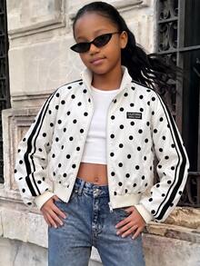 SHEIN Áo khoác denim trẻ em cho bé gái tuổi tween, cổ đứng, họa tiết chấm bi, tay dài, mùa thu/đông - trắng - Xem 1