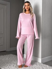 SHEIN طقم بيجامة نسائي قطعتين بلون وردي سادة، ملابس علوية بأكمام طويلة وأساور مكشكشة وبنطلون بقصة مستقيمة، ناعم ومريح وكاجوال - وردي مغبر - مشاهدة 6