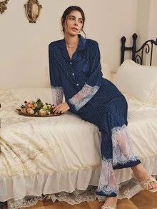 Côtesoire Elegant pyjamasset för kvinnor i mogen sydfransk stil, i sammet med ränder, spets och patchwork, med öppen front - Olivgrön - Visa 5
