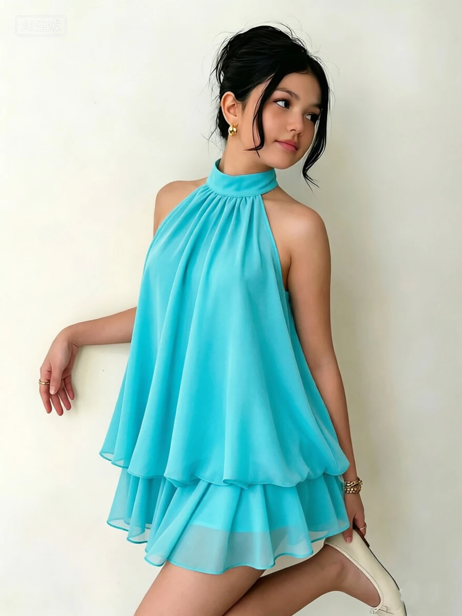 SHEIN Sparklyn 青少年女孩夏季棕色優雅修身雪紡短款迷你洋裝套裝,適合派對、畢業典禮穿搭 - 藍色 - 查看 1