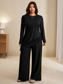 Edennvi Plus Size Women Solid Color Contrast Lace Hem Long Sleeve T-Shirt And Pants Elegant 2 Pieces Set Fall - Black - View 3
