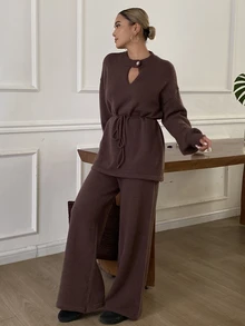 DAZY Women's Solid Color Pleated Long Sleeve Top And Pants Casual Daily Knit 2 Pieces Set - Brown - View 3