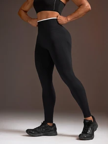 Powerista سروال رياضي نسائي بخصر عالي وألوان متباينة للتمارين اليومية - الأسود - مشاهدة 4