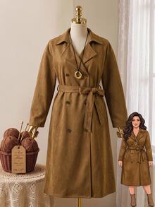 Rusticease Jaket Elegan Wanita Ukuran Besar Warna Polos Kerah Berlipat Bahu Jatuh Lengan Panjang Kancing Ganda untuk Musim Gugur - Coklat - View 7