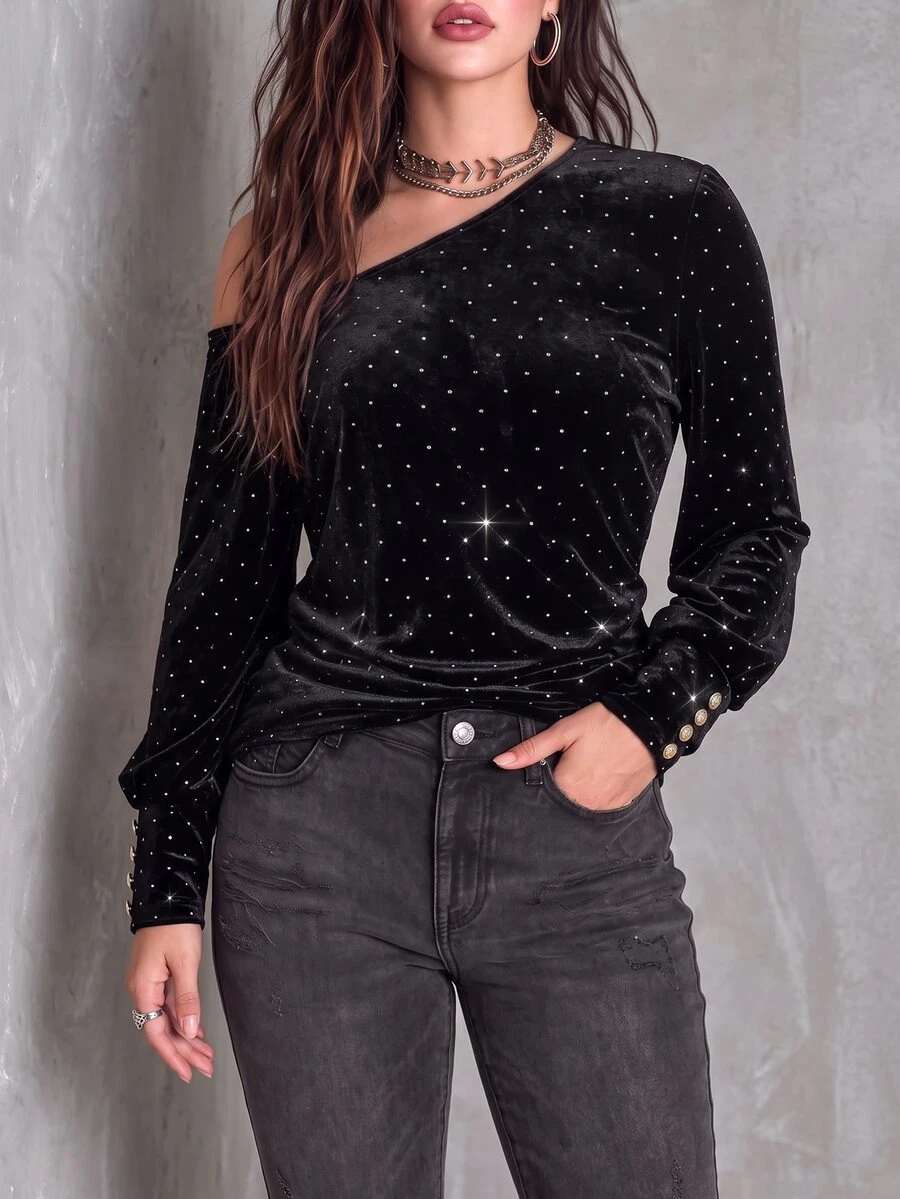 Linhara CURVE Plus Size Knitted Elegant V-Neck Long-Sleeved Autumn Shirt - Black - View 1