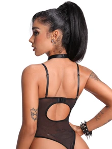 AltBold 1pc Classic Matte PU Leather Fitted Jumpsuit With Rivet Decor, Contrast Mesh, Halter Neck And Hollow Out Design - Black - View 2