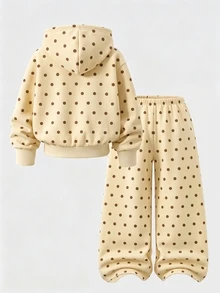 SHEIN 青少年女孩波點抓絨拉鍊連帽衛衣與運動褲2件套，可愛連帽衛衣與長褲休閒秋冬套裝 - 黃色 - 查看 3