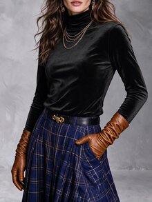 Solivie 女款秋季天鵝絨長袖T恤，天鵝絨打底衫秋季穿搭，優雅女式襯衫，職場女裝，時尚上衣，派對穿搭 - 黑色 - 查看 4